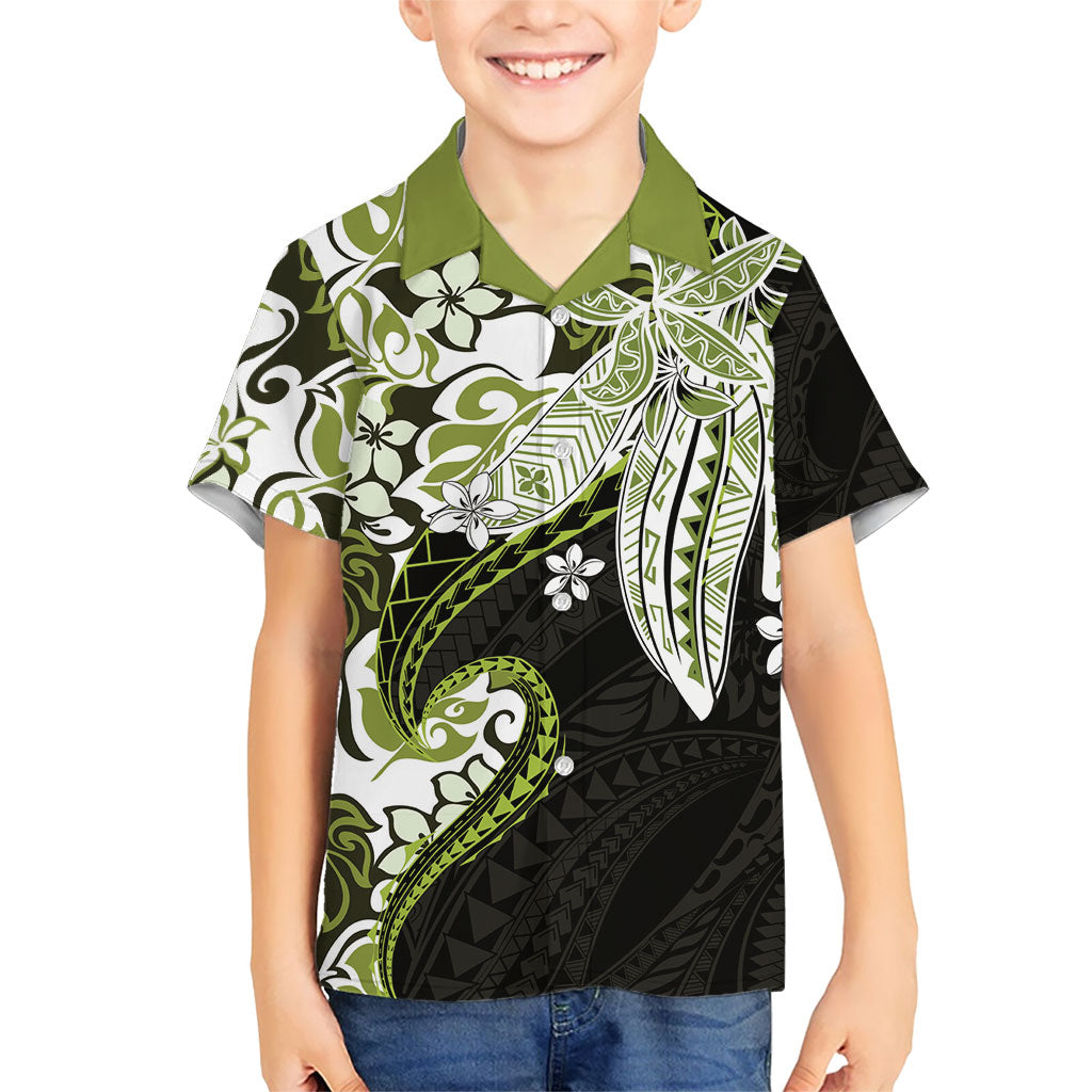 Monstera Plumeria Flowers Olive Green Kid Hawaiian Shirt Polynesian Pattern