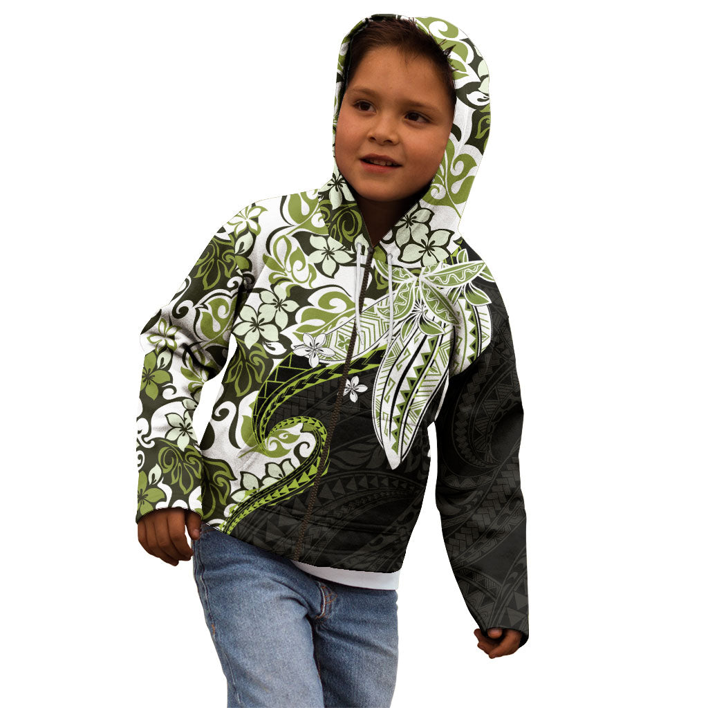 Monstera Plumeria Flowers Olive Green Kid Hoodie Polynesian Pattern
