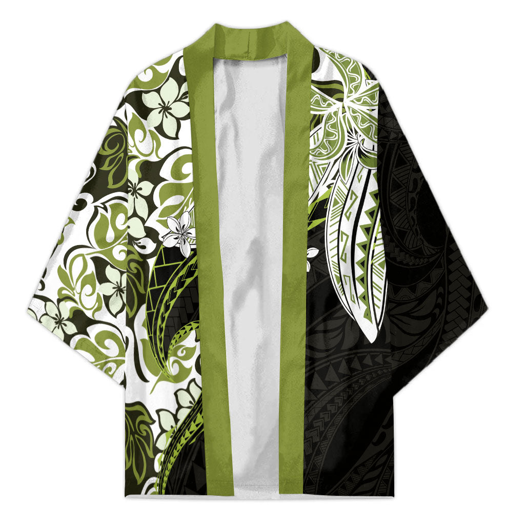 Monstera Plumeria Flowers Olive Green Kimono Polynesian Pattern