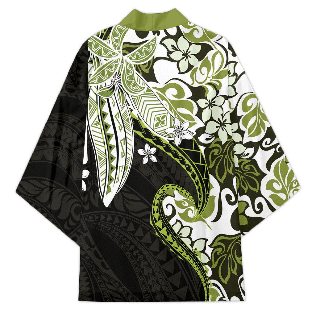 Monstera Plumeria Flowers Olive Green Kimono Polynesian Pattern