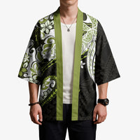 Monstera Plumeria Flowers Olive Green Kimono Polynesian Pattern