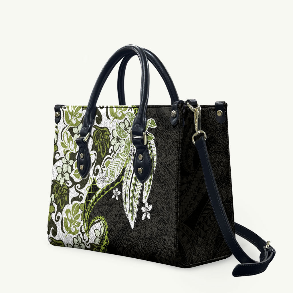 Monstera Plumeria Flowers Olive Green Leather Bag Polynesian Pattern