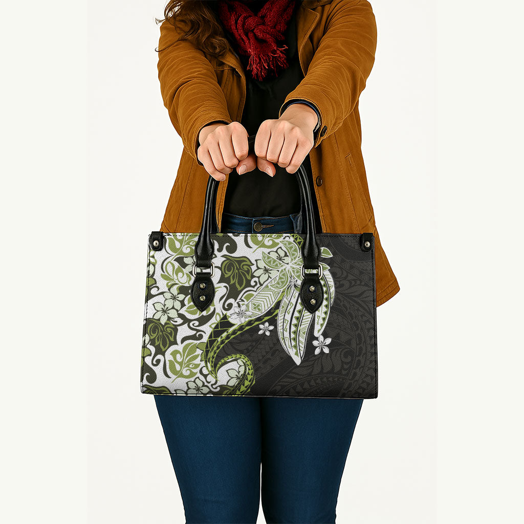 Monstera Plumeria Flowers Olive Green Leather Bag Polynesian Pattern