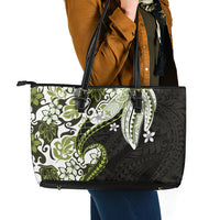 Monstera Plumeria Flowers Olive Green Leather Tote Bag Polynesian Pattern