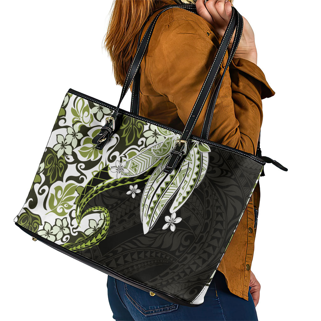 Monstera Plumeria Flowers Olive Green Leather Tote Bag Polynesian Pattern