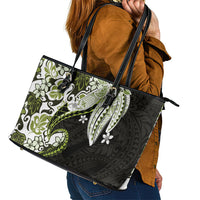 Monstera Plumeria Flowers Olive Green Leather Tote Bag Polynesian Pattern