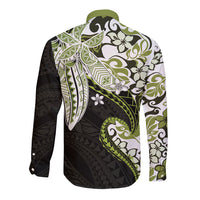 Monstera Plumeria Flowers Olive Green Long Sleeve Button Shirt Polynesian Pattern