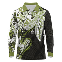 Monstera Plumeria Flowers Olive Green Long Sleeve Polo Shirt Polynesian Pattern