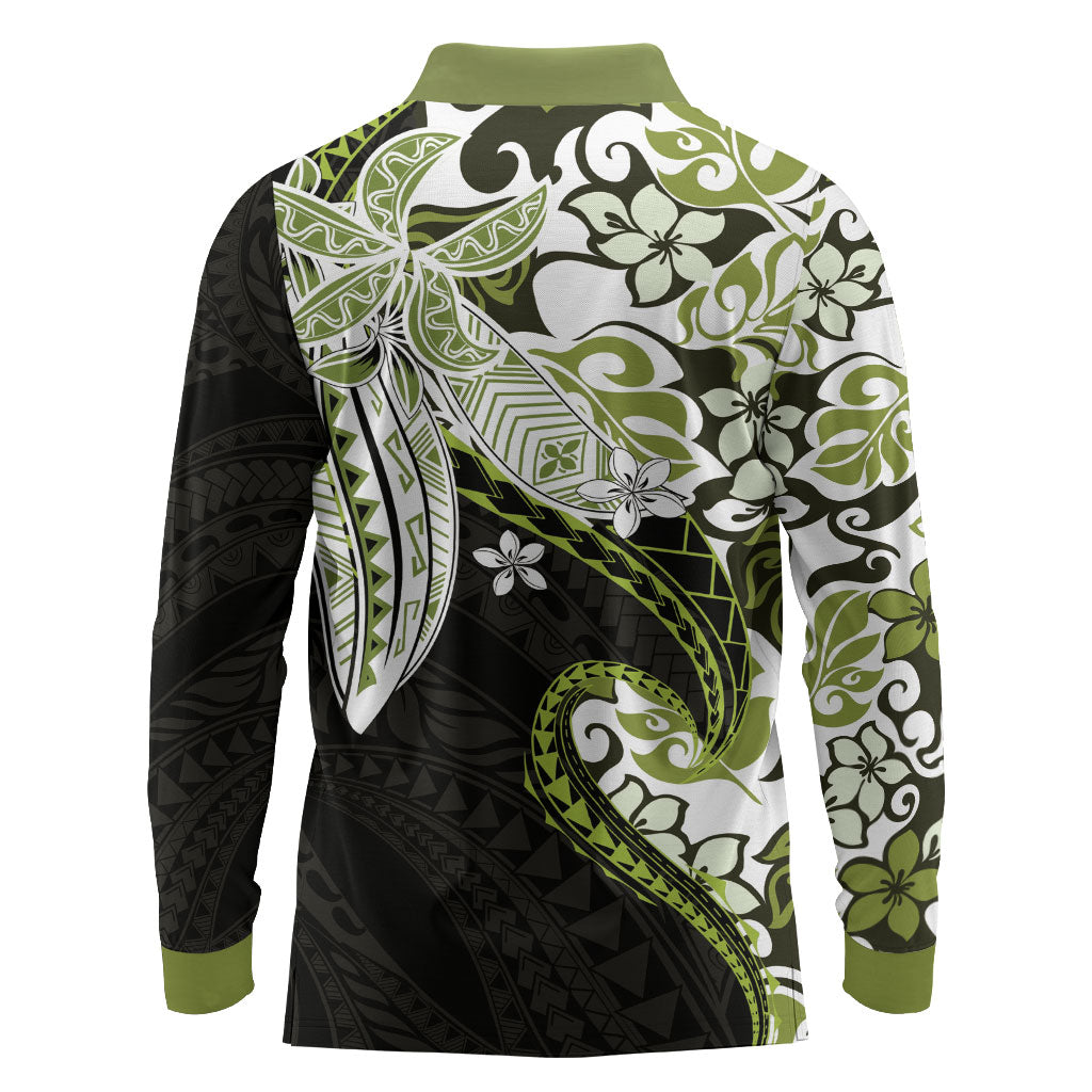 Monstera Plumeria Flowers Olive Green Long Sleeve Polo Shirt Polynesian Pattern