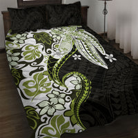 Monstera Plumeria Flowers Olive Green Quilt Bed Set Polynesian Pattern
