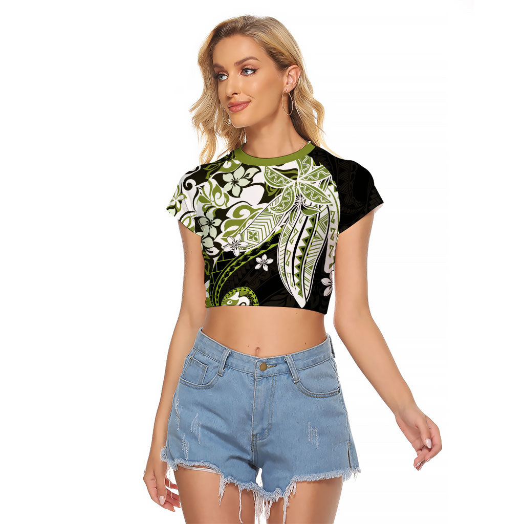Monstera Plumeria Flowers Olive Green Raglan Cropped T Shirt Polynesian Pattern