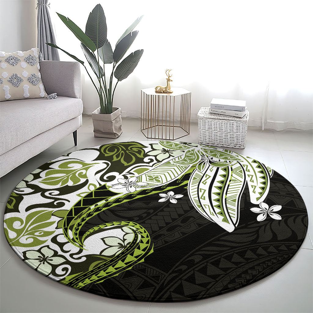 Monstera Plumeria Flowers Olive Green Round Carpet Polynesian Pattern