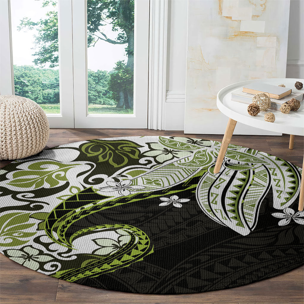 Monstera Plumeria Flowers Olive Green Round Carpet Polynesian Pattern