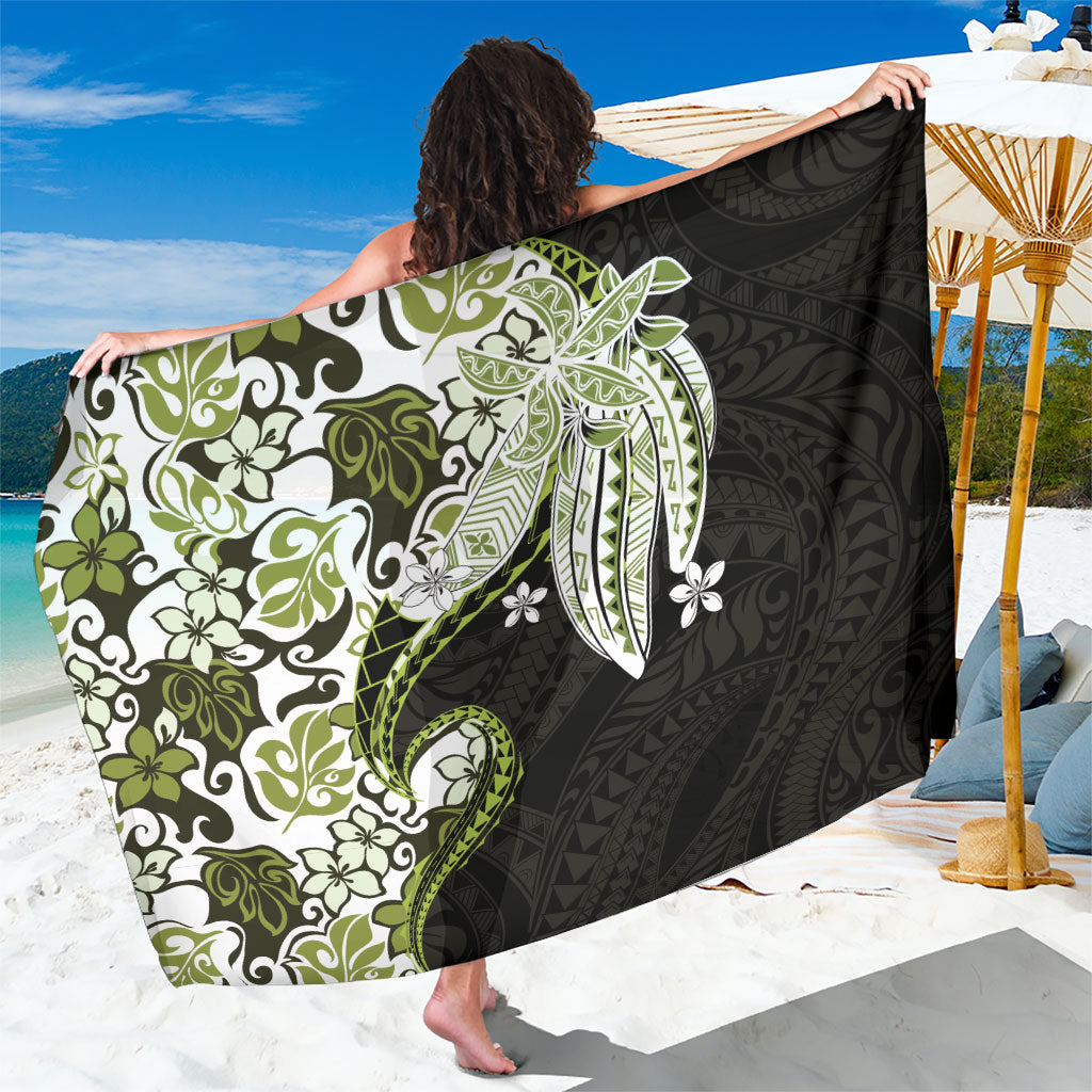 Monstera Plumeria Flowers Olive Green Sarong Polynesian Pattern