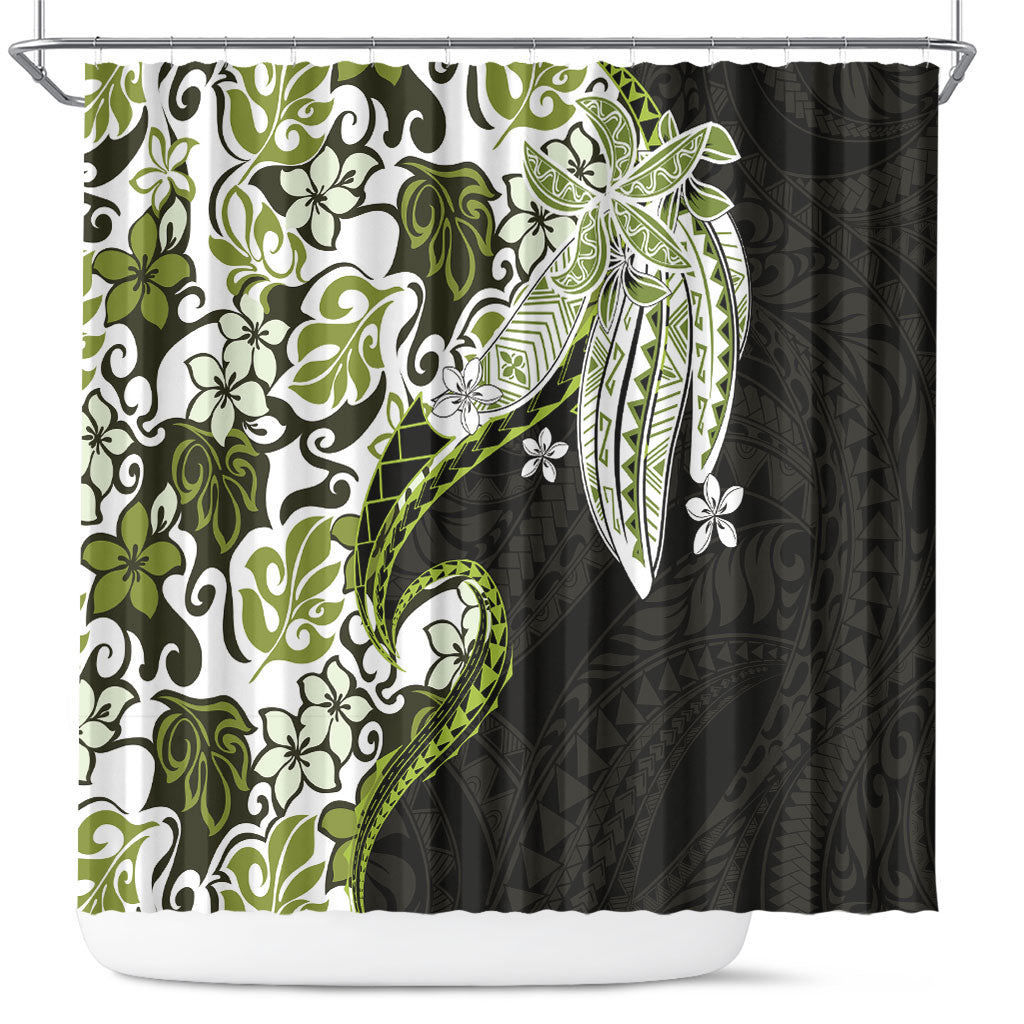 Monstera Plumeria Flowers Olive Green Shower Curtain Polynesian Pattern