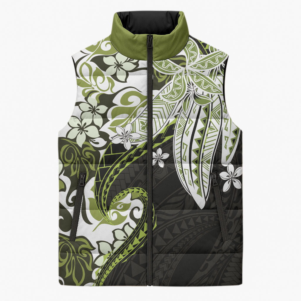 Monstera Plumeria Flowers Olive Green Sleeveless Puffer Jacket Polynesian Pattern
