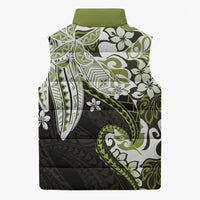Monstera Plumeria Flowers Olive Green Sleeveless Puffer Jacket Polynesian Pattern