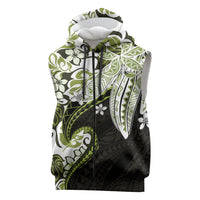 Monstera Plumeria Flowers Olive Green Sleeveless Zip Hoodie Polynesian Pattern