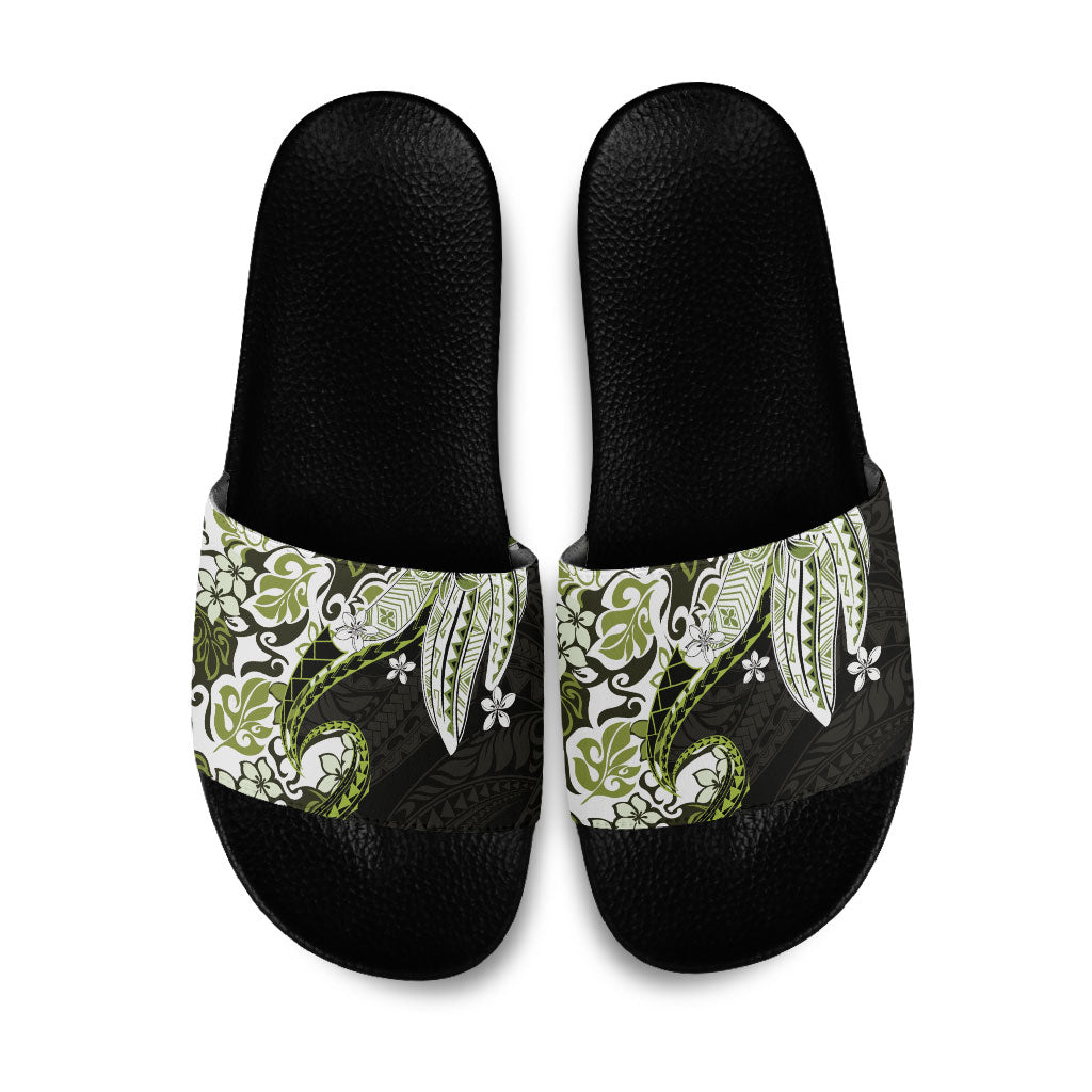 Monstera Plumeria Flowers Olive Green Slide Sandals Polynesian Pattern