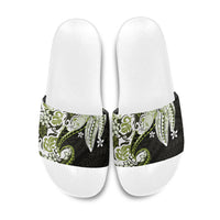 Monstera Plumeria Flowers Olive Green Slide Sandals Polynesian Pattern