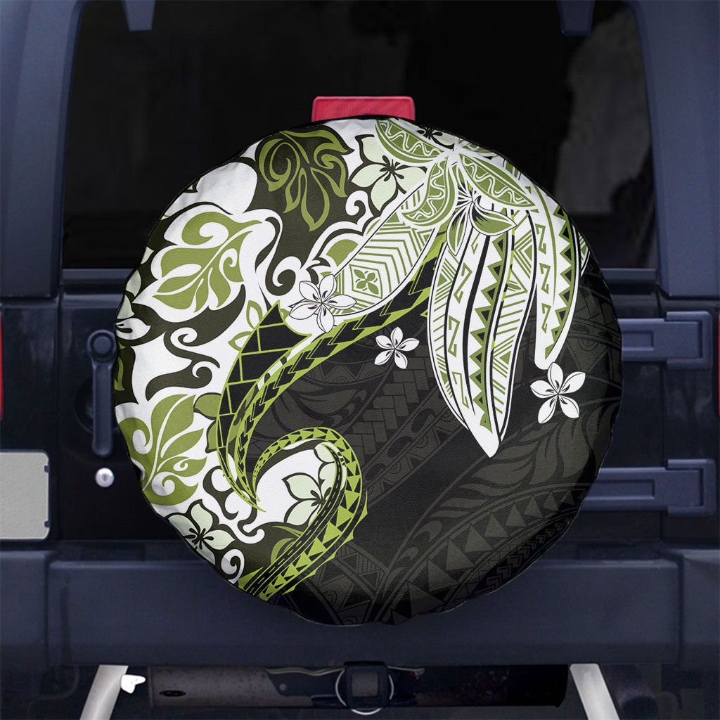 Monstera Plumeria Flowers Olive Green Spare Tire Cover Polynesian Pattern