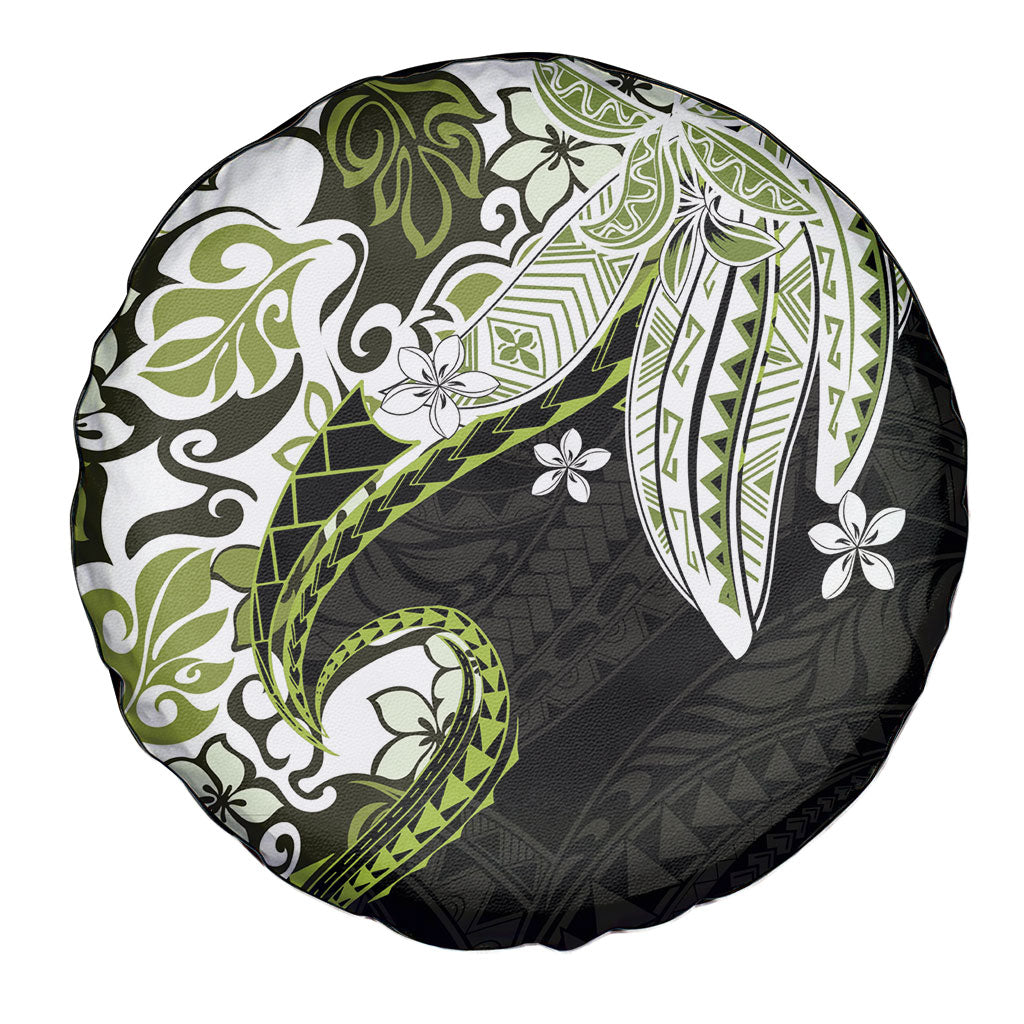 Monstera Plumeria Flowers Olive Green Spare Tire Cover Polynesian Pattern