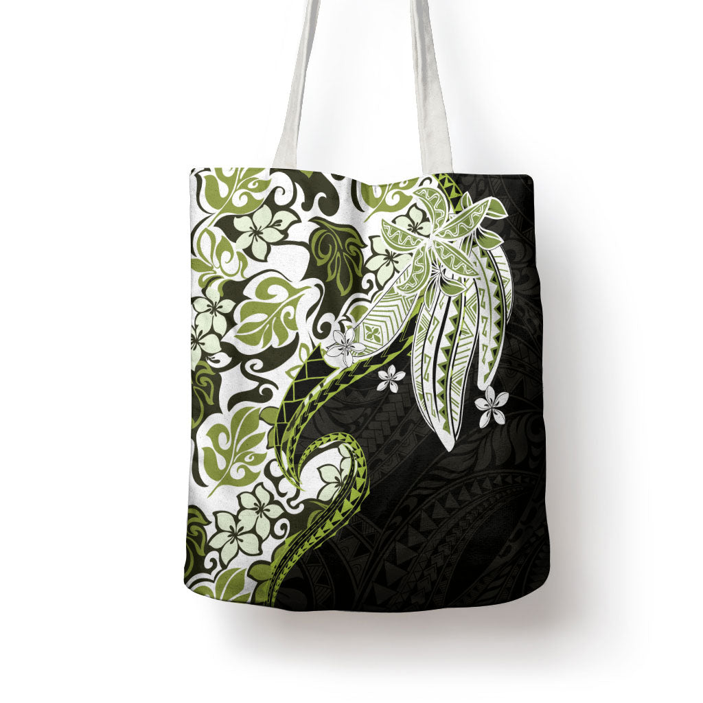 Monstera Plumeria Flowers Olive Green Tote Bag Polynesian Pattern
