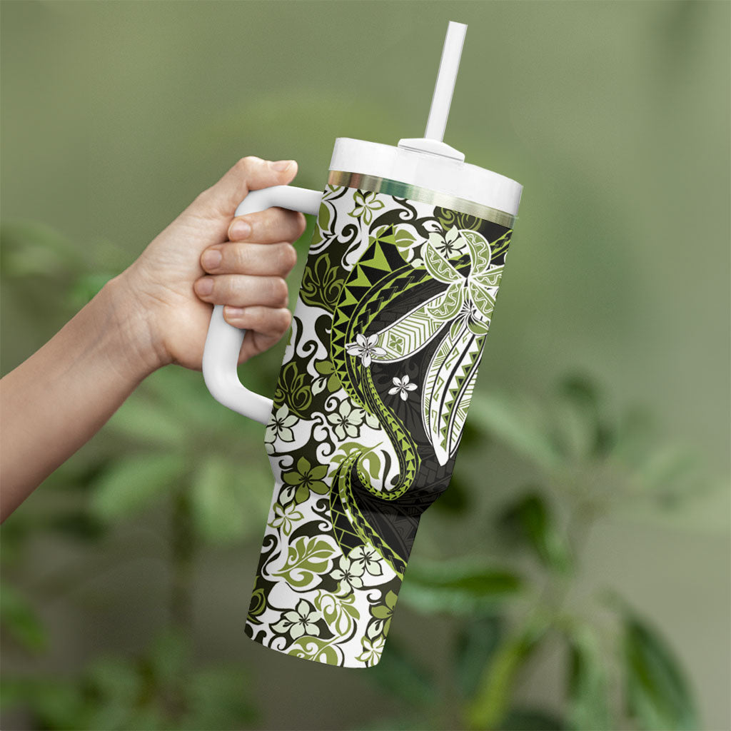 Monstera Plumeria Flowers Olive Green Tumbler With Handle Polynesian Pattern