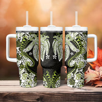 Monstera Plumeria Flowers Olive Green Tumbler With Handle Polynesian Pattern