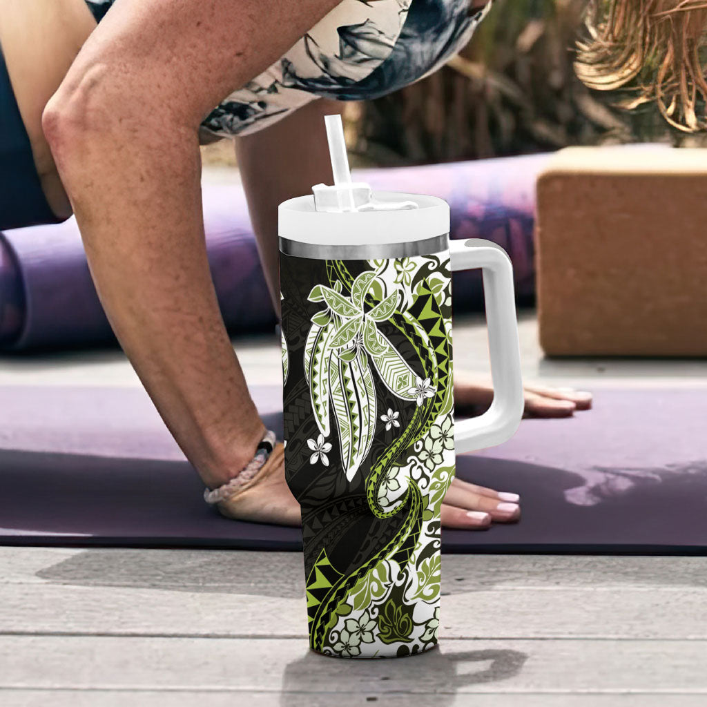 Monstera Plumeria Flowers Olive Green Tumbler With Handle Polynesian Pattern