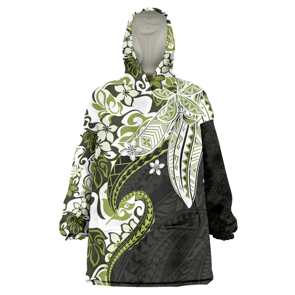 Monstera Plumeria Flowers Olive Green Wearable Blanket Hoodie Polynesian Pattern