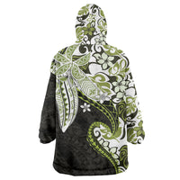 Monstera Plumeria Flowers Olive Green Wearable Blanket Hoodie Polynesian Pattern