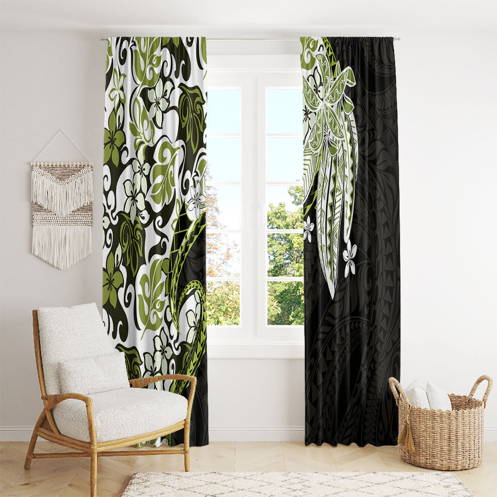 Monstera Plumeria Flowers Olive Green Window Curtain Polynesian Pattern