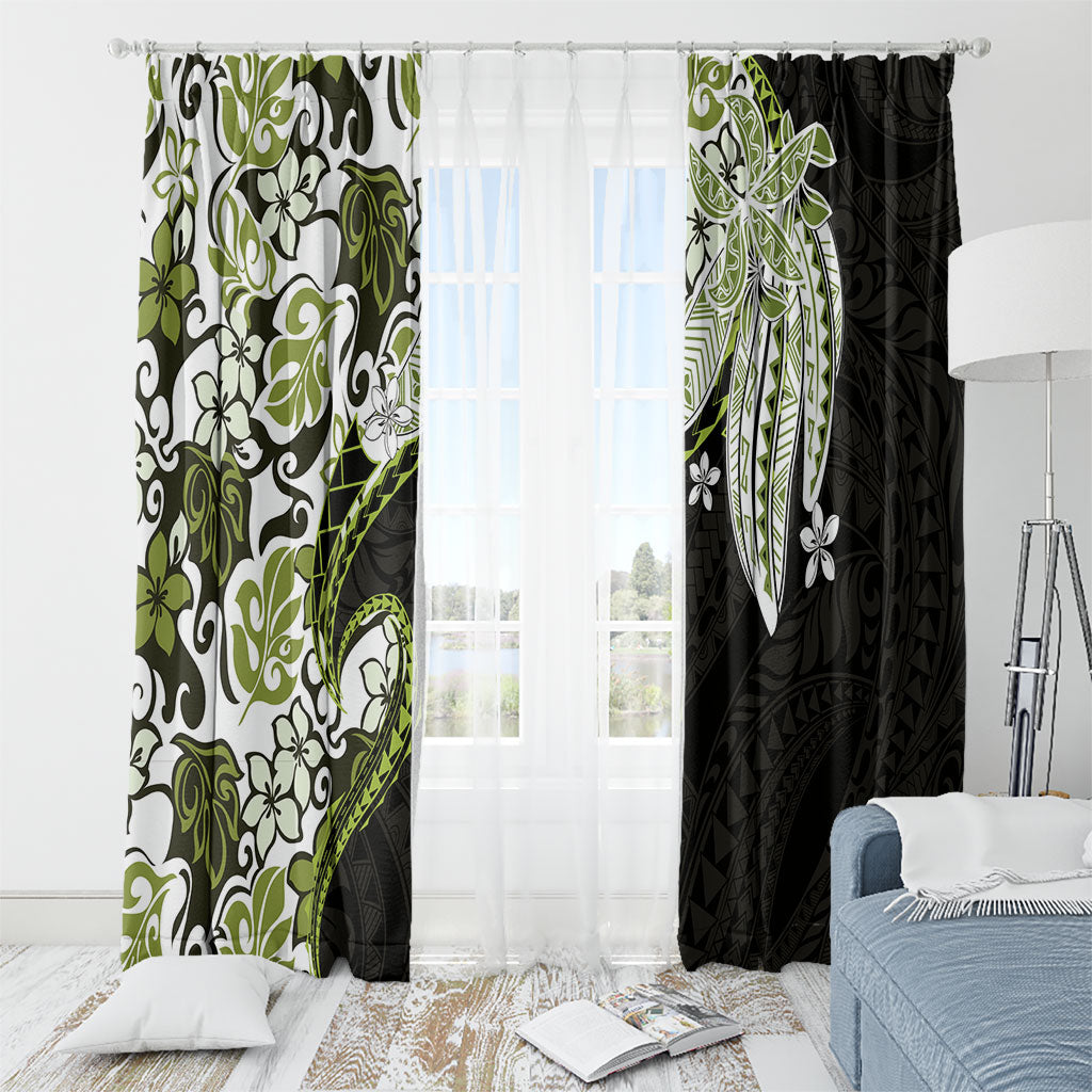 Monstera Plumeria Flowers Olive Green Window Curtain Polynesian Pattern