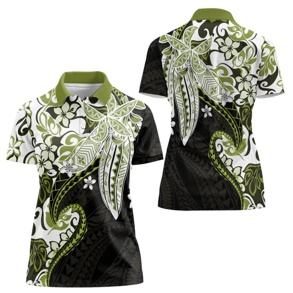 Monstera Plumeria Flowers Olive Green Women Polo Shirt Polynesian Pattern