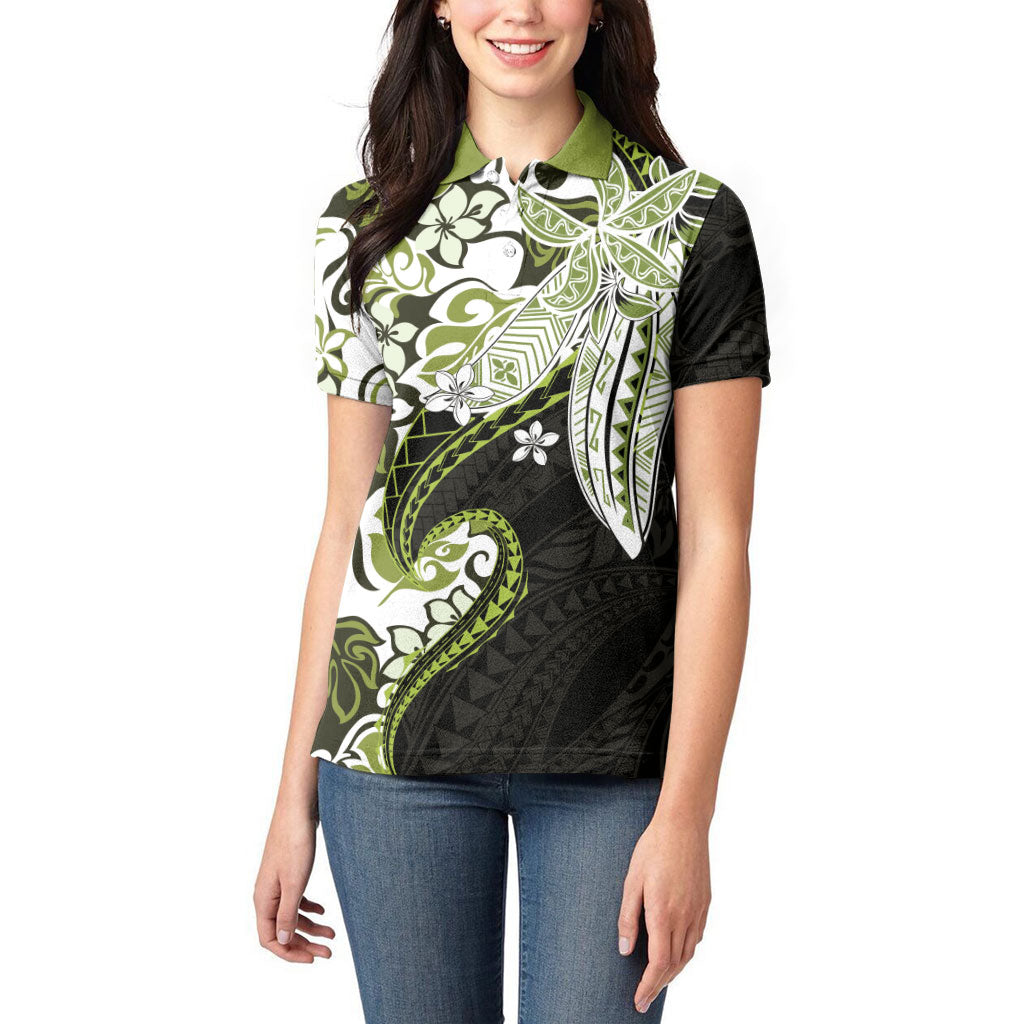 Monstera Plumeria Flowers Olive Green Women Polo Shirt Polynesian Pattern