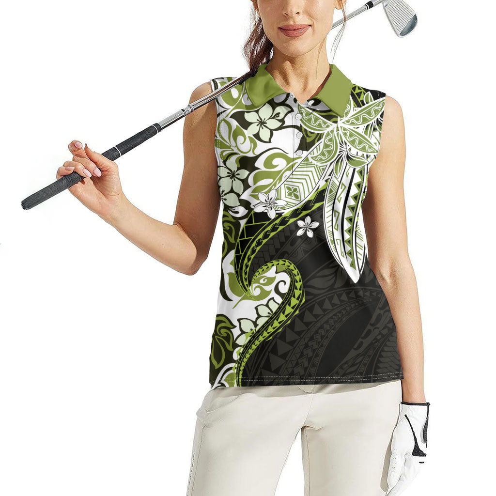 Monstera Plumeria Flowers Olive Green Women Sleeveless Polo Shirt Polynesian Pattern