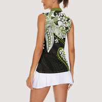 Monstera Plumeria Flowers Olive Green Women Sleeveless Polo Shirt Polynesian Pattern