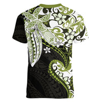 Monstera Plumeria Flowers Olive Green Women V-Neck T-Shirt Polynesian Pattern