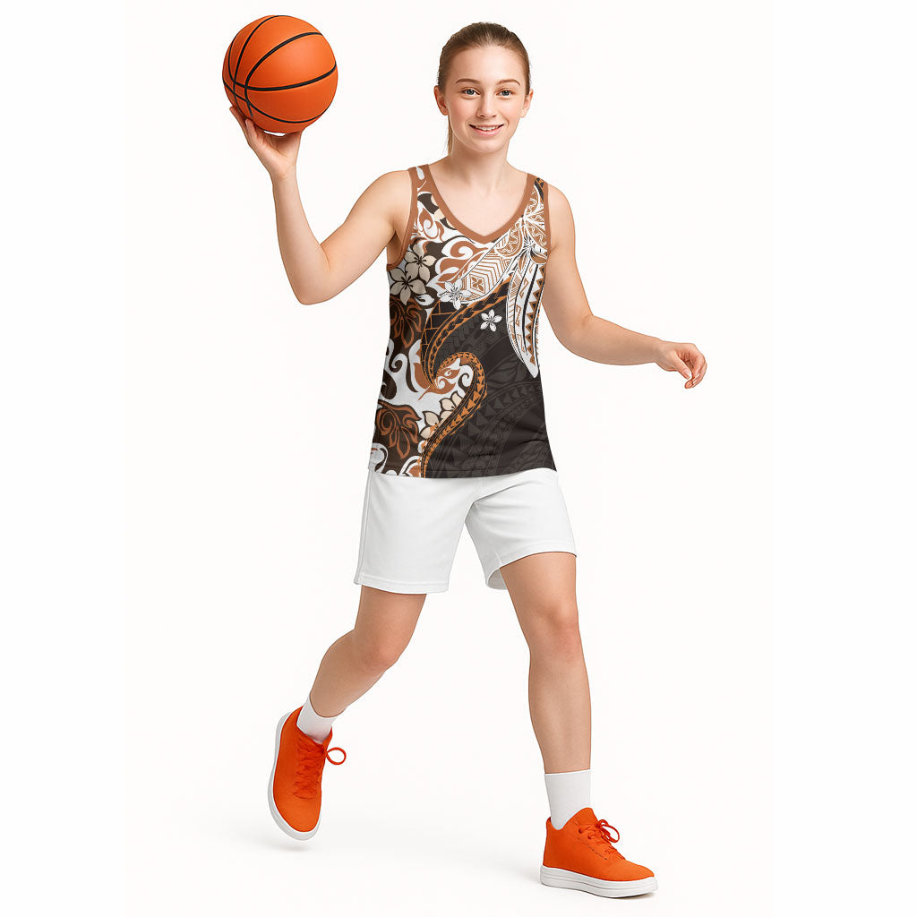 Monstera Plumeria Flowers Orange Basketball Jersey Polynesian Pattern