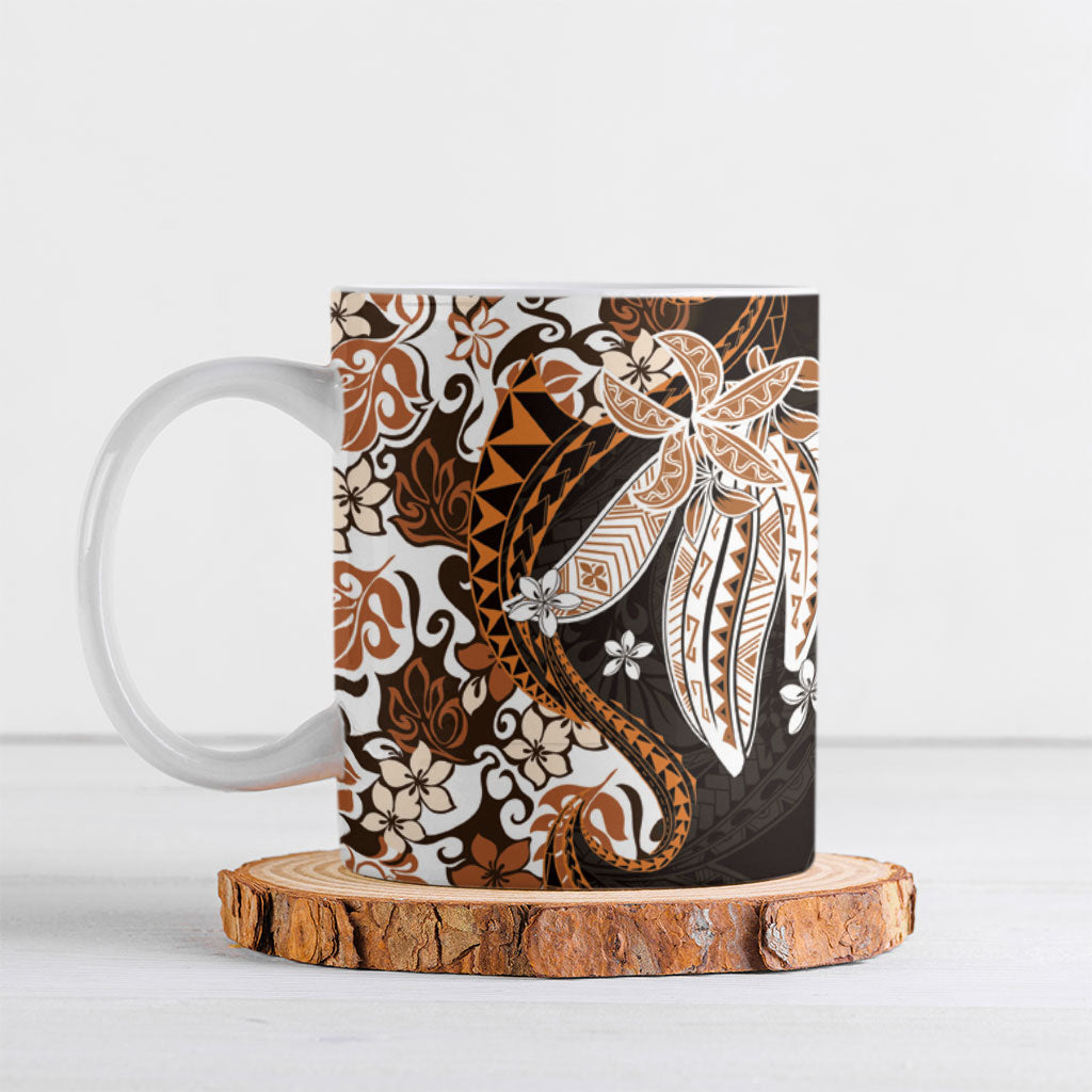 Monstera Plumeria Flowers Orange Ceramic Mug Polynesian Pattern