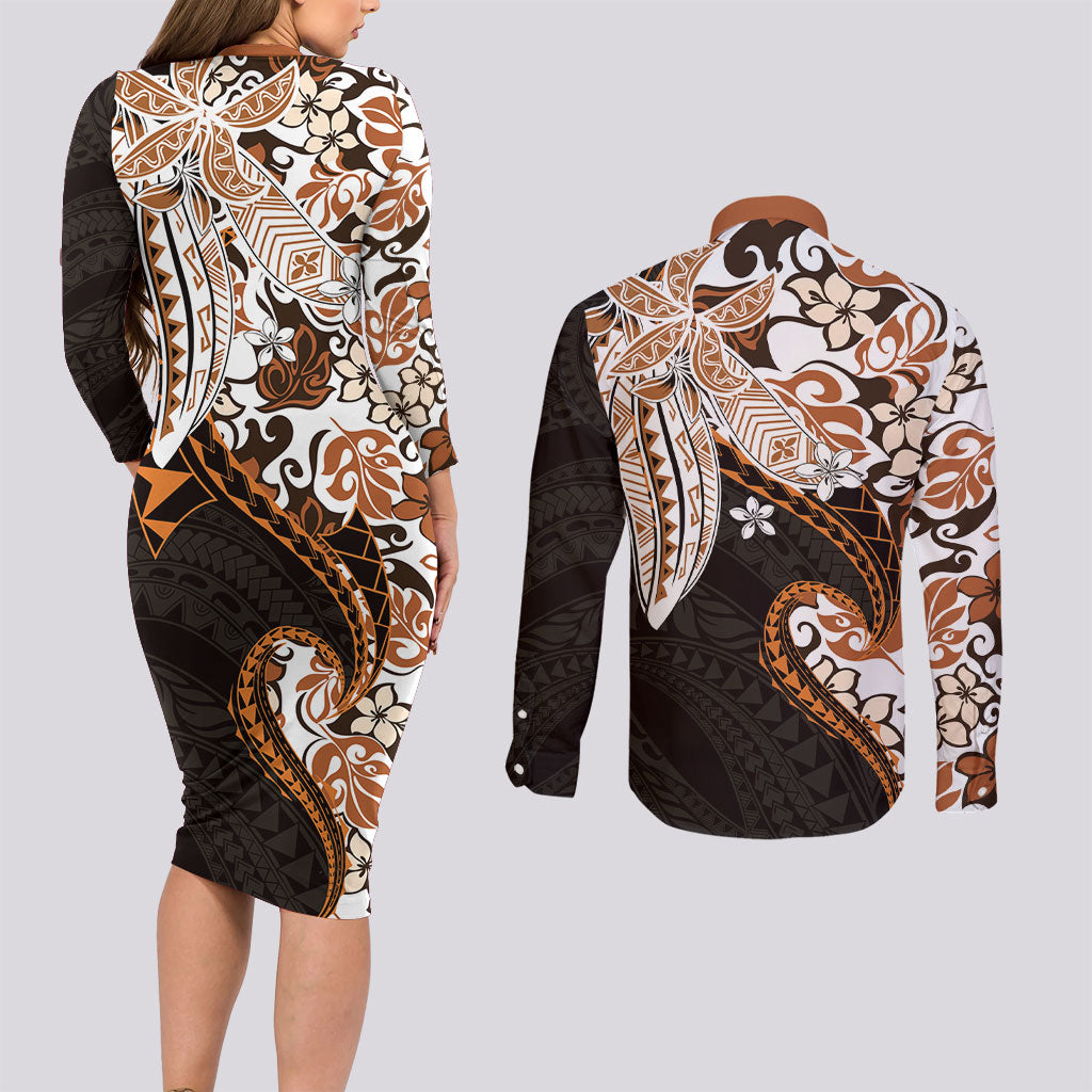 Monstera Plumeria Flowers Orange Couples Matching Long Sleeve Bodycon Dress and Long Sleeve Button Shirt Polynesian Pattern