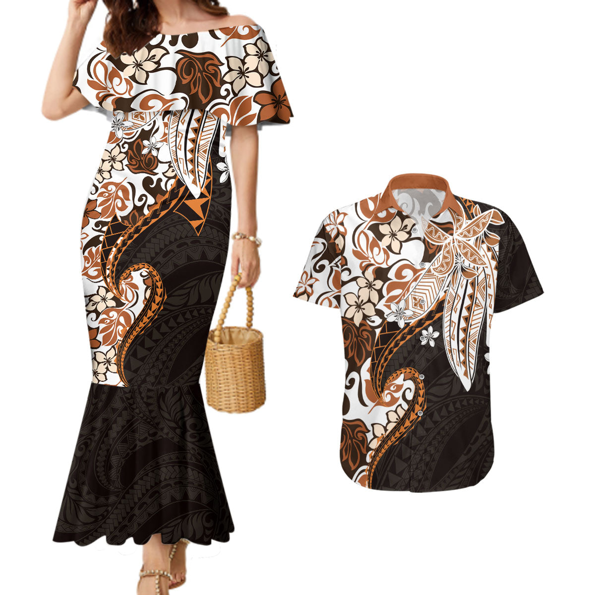 Monstera Plumeria Flowers Orange Couples Matching Mermaid Dress and Hawaiian Shirt Polynesian Pattern