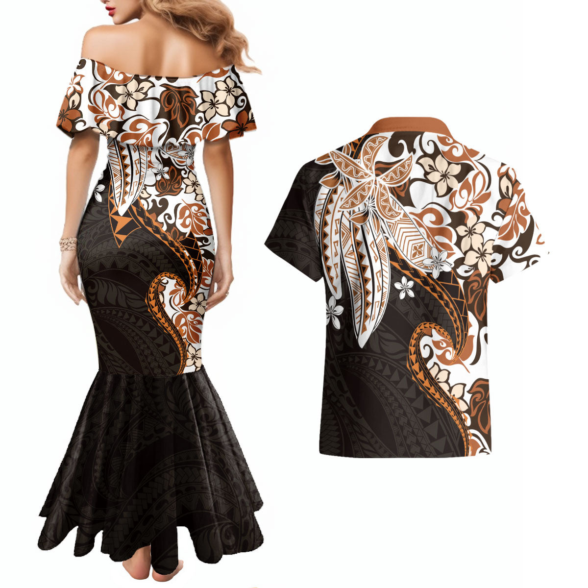 Monstera Plumeria Flowers Orange Couples Matching Mermaid Dress and Hawaiian Shirt Polynesian Pattern