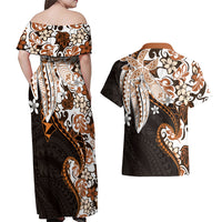 Monstera Plumeria Flowers Orange Couples Matching Off Shoulder Maxi Dress and Hawaiian Shirt Polynesian Pattern