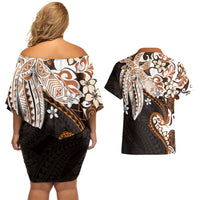 Monstera Plumeria Flowers Orange Couples Matching Off Shoulder Short Dress and Hawaiian Shirt Polynesian Pattern