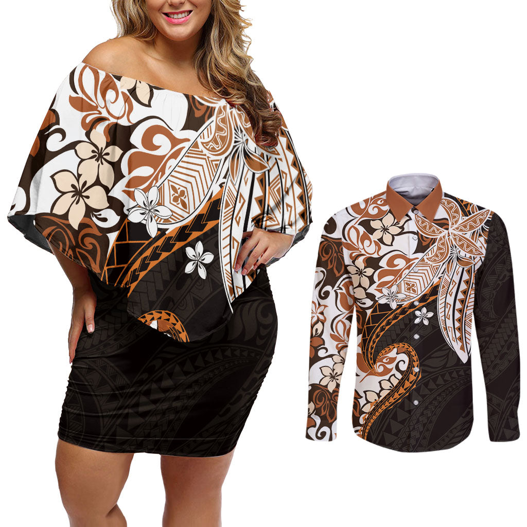 Monstera Plumeria Flowers Orange Couples Matching Off Shoulder Short Dress and Long Sleeve Button Shirt Polynesian Pattern