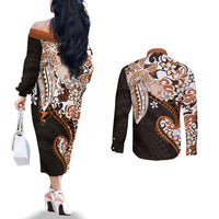Monstera Plumeria Flowers Orange Couples Matching Off The Shoulder Long Sleeve Dress and Long Sleeve Button Shirt Polynesian Pattern