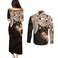 Monstera Plumeria Flowers Orange Couples Matching Puletasi and Long Sleeve Button Shirt Polynesian Pattern