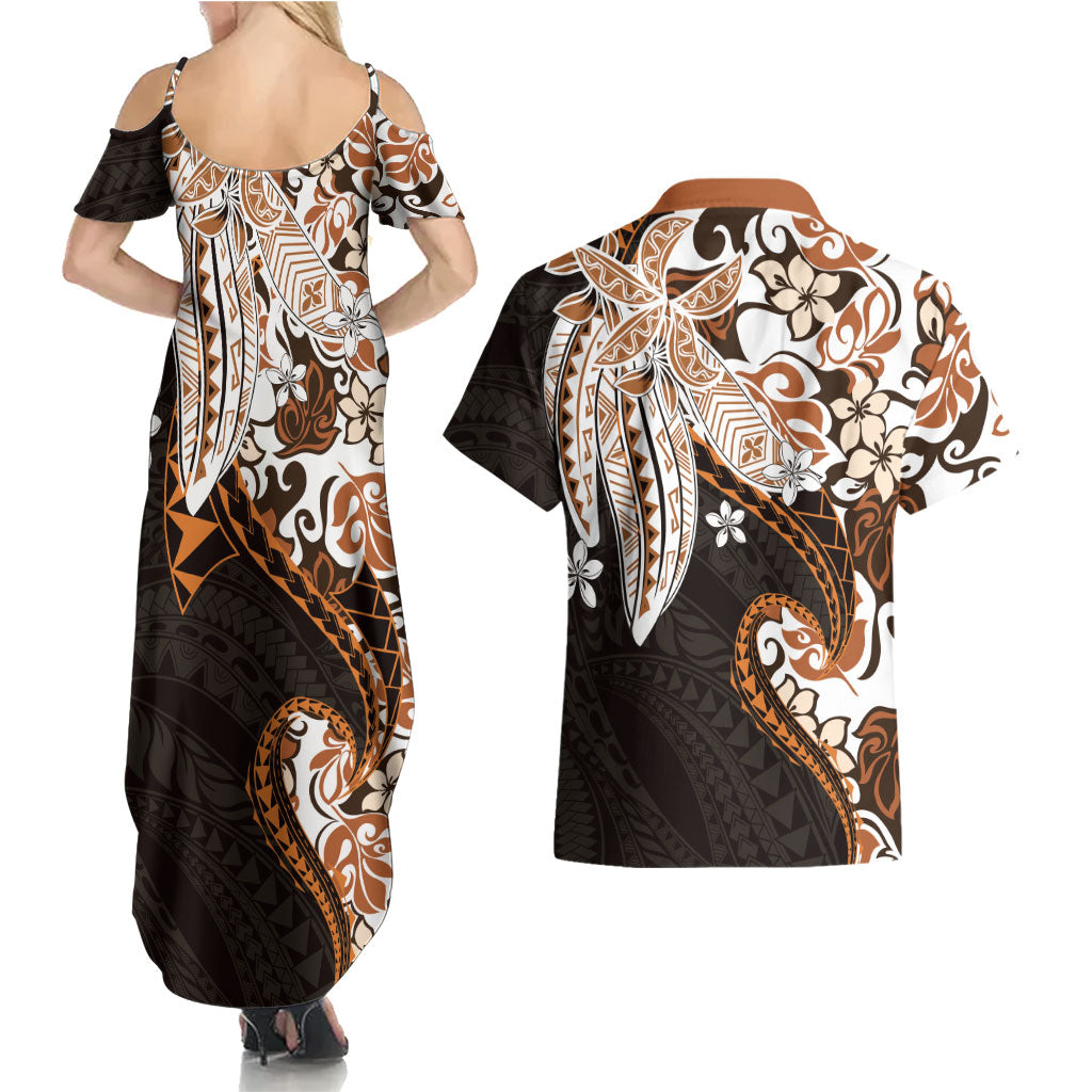 Monstera Plumeria Flowers Orange Couples Matching Summer Maxi Dress and Hawaiian Shirt Polynesian Pattern